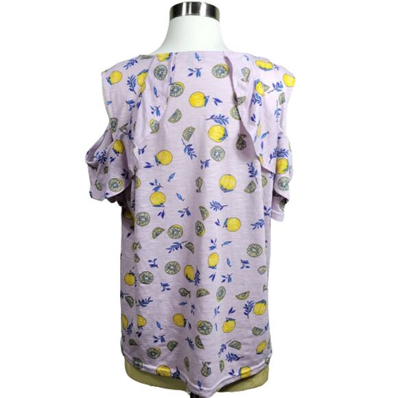 Juicy Couture Women's Lemon Print Purple Combo Ruffle Cold-Shoulder Top Size XL - Picture 3 of 8
